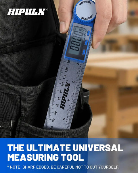 Slick 2 In 1 Digital Angle Finder Tool And Stainless Steel Ruler shown in pocket, featuring a clear LCD display for accuracy.