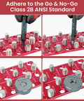 JoblikeBrez thread checker on a red wall-mount gauge plate with 15 SAE and 15 metric thread gauges and a knurled wheel