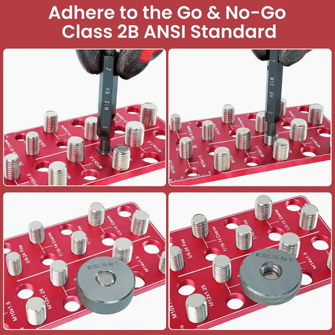 JoblikeBrez thread checker on a red wall-mount gauge plate with 15 SAE and 15 metric thread gauges and a knurled wheel