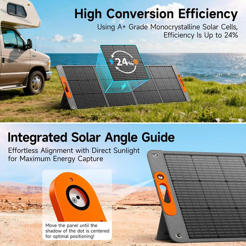200W Foldable Solar Panel For Power Stations showing high efficiency with solar angle guide, ideal for outdoor use
