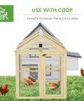 Large Wooden Chicken Coop With Run And Perches For Outdoor Backyard Farm, frontal view with chickens inside, lockable wire doors