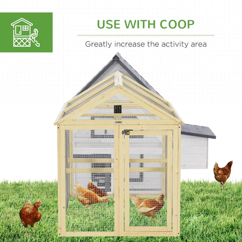 Large Wooden Chicken Coop With Run And Perches For Outdoor Backyard Farm, frontal view with chickens inside, lockable wire doors