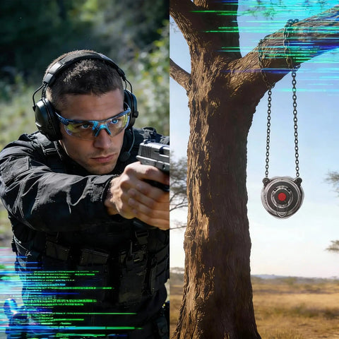 Shooter aiming at AR500 Steel Gong Targets Set 1/2 Inch Thick With Bear Head Laser Cut Silhouette hanging from tree with chains