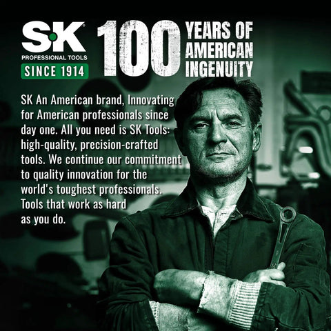 SK 100 years of American ingenuity poster with mechanic holding wrench in workshop