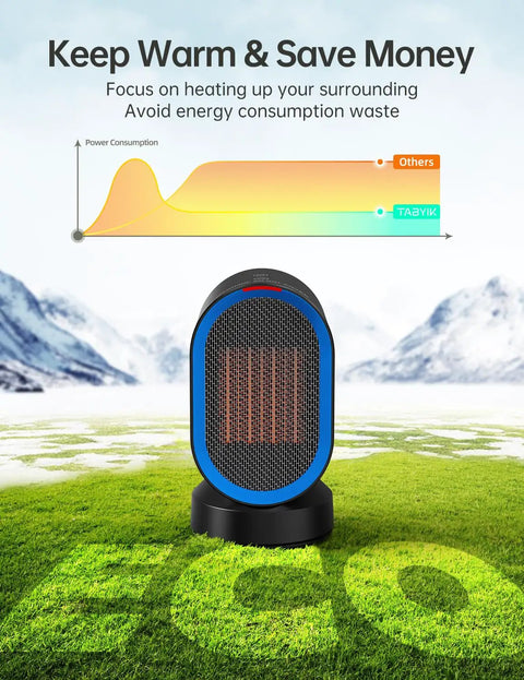Compact 600W PTC Ceramic Space Heater With 45 Degree Oscillation For Fast Indoor Heating Ideal For Bedroom And Home Office Portable Personal Heater In Black on a green field with eco-friendly message