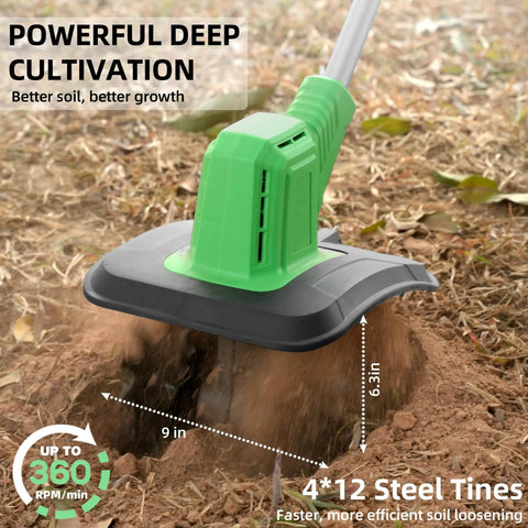 Powerful Battery Powered Garden Tiller With 360 RPM Motor And Dual 3.0Ah Batteries Plus Charger in garden soil