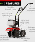 Mini Tiller Cultivator With 33cc 2 Cycle Viper Engine, Gear Drive Transmission, adjustable wheels, red, in garden setup