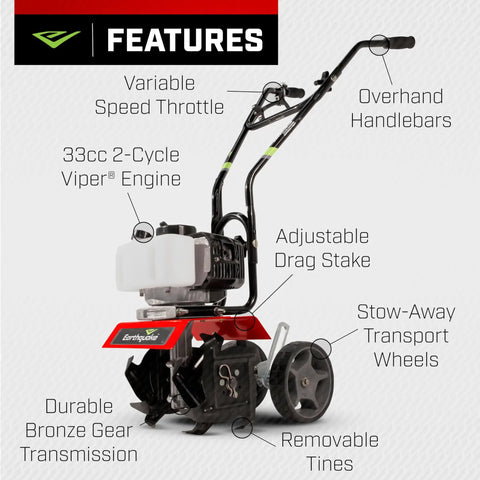 Mini Tiller Cultivator With 33cc 2 Cycle Viper Engine, Gear Drive Transmission, adjustable wheels, red, in garden setup