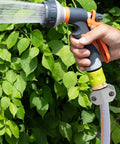 Heavy Duty Garden Hose Repair Fittings Aluminum Male Coupling Menders With Zinc Clamps And Rubber Washers in use on garden handle