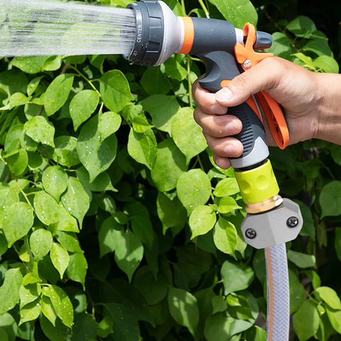 Heavy Duty Garden Hose Repair Fittings Aluminum Male Coupling Menders With Zinc Clamps And Rubber Washers in use on garden handle