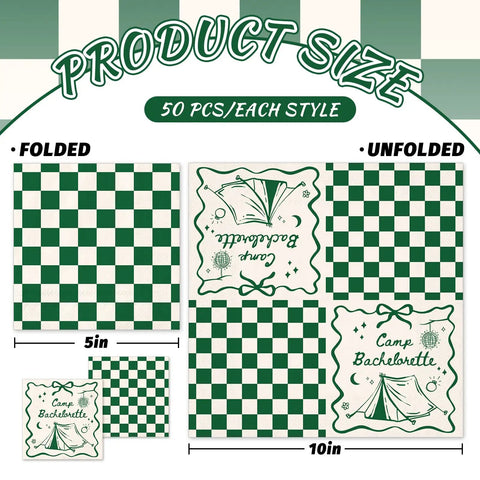 50 Pcs Camp Bachelorette Party Cocktail Napkins 3 Ply Disposable Paper Napkins Beige And Green Plaid Checkered Design For Wedding Bridal Shower Table Decor Beverages And Party Supplies, showing folded and unfolded plaid and tent design.