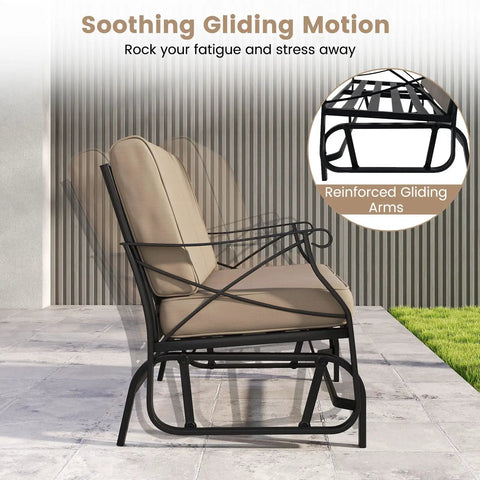 Two Person Patio Glider Bench With Comfy Cushions And Breathable Fabric, side view showing metal frame and gliding mechanism