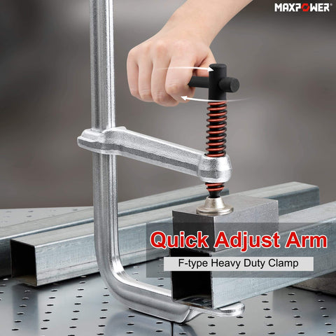 Deep Throat F Clamp for Welding Heavy Duty Bar Clamp with 15 5 8 Inch Jaw Opening, steel clamp in use on metal surface