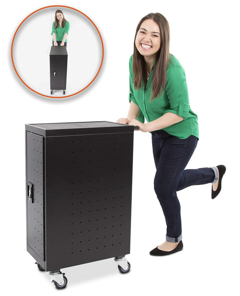 Four Pack Compact Mobile Charging Cart Bundle For Chromebooks Laptops And Tablets featuring a smiling woman maneuvering a locking cabinet.
