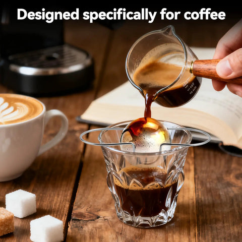Two Pack Stainless Steel Espresso Cooling Balls for coffee chilling, cooling espresso in glass with coffee being poured over.