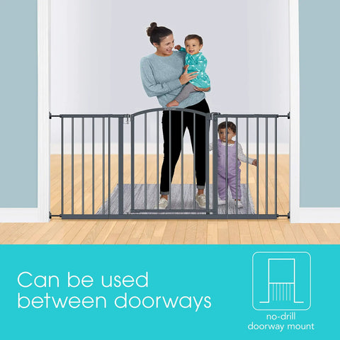 No-Fuss Extra Wide Decor Safety Gate For Babies And Pets, 27 Inch Tall, Easy Install in doorway, woman with children visible
