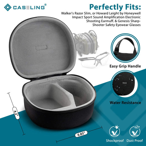 Open Hard EVA Travel Case For Howard Leight Impact Sport Earmuffs And Genesis Safety Glasses showcasing compartments and handle.