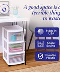 Three Tier Rolling Storage Cart With Removable Wheels in white frame, clear bin drawers, fits under desk for home organization