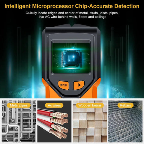 No Hassle Heavy Duty Stud Finder Wall Scanner With Smart Microprocessor And HD LCD Display For Quick Wood Joist AC Wire Metal Pipe Detection Solid Build Orange Finish Makes A Sweet Pick For Your Workbench