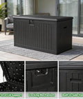 Heavy Duty 270 Gallon Outdoor Storage Box With Solid Locking Lid, Built Like A Tank For Rain Or Shine, Resin Deck Crate For Patios Yards And Pools, Keeps Cushions Locked Down Tight In Black with gas strut lid support.