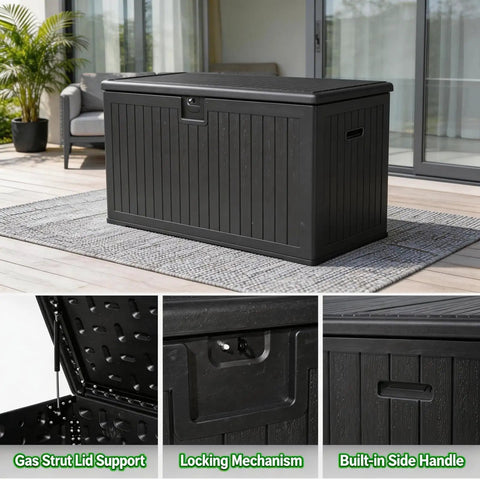 Heavy Duty 270 Gallon Outdoor Storage Box With Solid Locking Lid, Built Like A Tank For Rain Or Shine, Resin Deck Crate For Patios Yards And Pools, Keeps Cushions Locked Down Tight In Black with gas strut lid support.