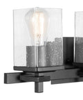 Close-up of Dakota 5 Piece All In One Bathroom Set Includes Three Light Vanity Fixture With Seeded Glass Shades in Matte Black