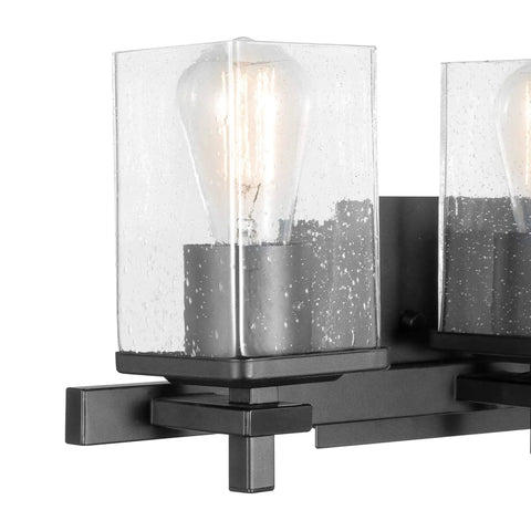 Close-up of Dakota 5 Piece All In One Bathroom Set Includes Three Light Vanity Fixture With Seeded Glass Shades in Matte Black