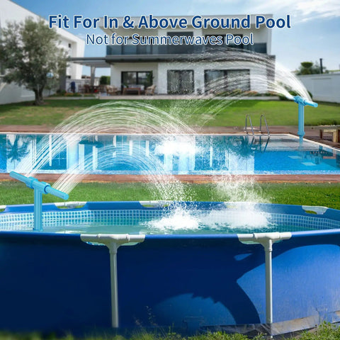 2 In 1 Pool Fountain With 360 Degree Adjustable Dual Spray Heads And A Retractable Height Pole in use, blue pool setting