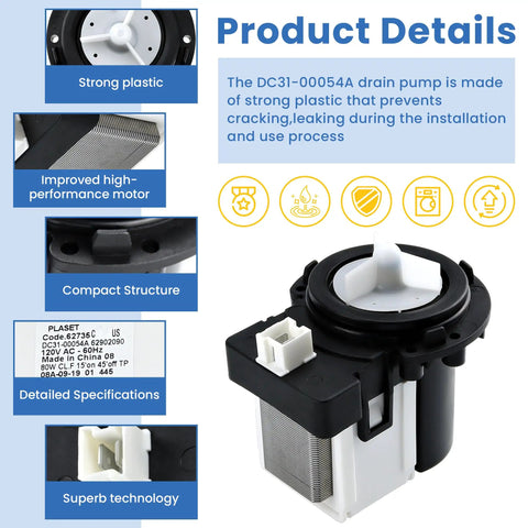 Washer Drain Pump Replacement Fits Most Top Load Washers From Kenmore And Samsung 62902090 Premium Quality Durable Part For Efficient Water Drain During The Drain Cycle Easy Install No Fuss. black and white DC31-00054A washer drain pump