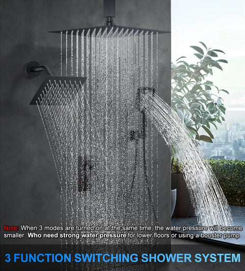 Top Shelf Ceiling Mount Rainfall Shower System With 12 Inch Matte Black Finish Side Spray Heads Self Cleaning Nozzles And Multi Function Handheld Sprayer For A Pro Level Bathroom Glow Up