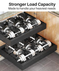 Knockout Heavy Duty Pull Out Cabinet Organizer With Dang Easy Setup And Tough Nano Adhesive For Smooth Glide Pot And Pan Storage Expands From Twelve To Twenty Inch Wide Kitchen Base Riser Rack Set with heavy weights stored in drawers.