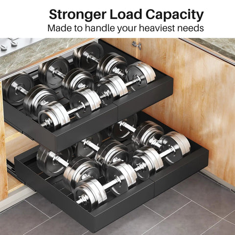 Knockout Heavy Duty Pull Out Cabinet Organizer With Dang Easy Setup And Tough Nano Adhesive For Smooth Glide Pot And Pan Storage Expands From Twelve To Twenty Inch Wide Kitchen Base Riser Rack Set with heavy weights stored in drawers.