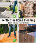 Electric Pressure Washer 2800 Max PSI 2.4 GPM cleaning various surfaces with telescopic handle and nozzles.