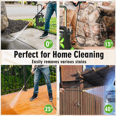 Electric Pressure Washer 2800 Max PSI 2.4 GPM cleaning various surfaces with telescopic handle and nozzles.