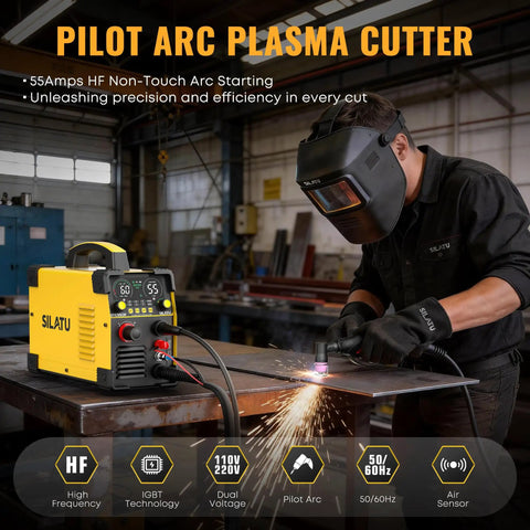 Person using Plasma Cutter STC750P 75 Amp HF NonTouch Pilot Arc 110/220V Dual Voltage with Large LED Display for metal cutting