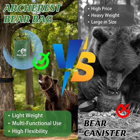 Comparison of Bear Proof Camping Hanging Kit With 15L Scent Proof Bag versus bear canister with bear in forest