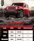 Red SUV on rocky terrain with compatibility chart for 12-Piece Front Suspension Kit For 2005-2011 Dodge Dakota And 2006-2009 Mitsubishi Raider