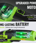 Close-up of 2-In-1 Cordless Grass Shear And Shrub Trimmer showing upgraded motor and long-lasting 2000mAh lithium-ion battery.