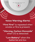 Hardwired Smoke And Carbon Monoxide Detector Pack With Voice Alerts Interconnectable LED Warning Light Indicators AA Battery Backup 2 Pack For Whole Home Safety showing voice alerts and wires with red background