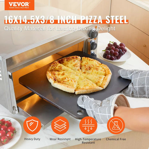 Person placing pizza on Heavy Duty Pizza Steel Plate For Oven And Grill 16 By 14.5 By Three Eighths Inch Carbon Steel Preseasoned