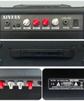 Close-up of controls and inputs on a 20 Watt Portable Electric Guitar Amp With Headphone Input And Aux Phone Audio Link Built In Gain Control Easy On The Go Practice Compact Black Amp Including Professional Noise Reduction Cable For Quiet Jams.