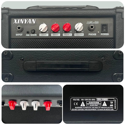 Close-up of controls and inputs on a 20 Watt Portable Electric Guitar Amp With Headphone Input And Aux Phone Audio Link Built In Gain Control Easy On The Go Practice Compact Black Amp Including Professional Noise Reduction Cable For Quiet Jams.