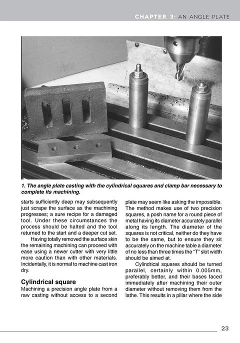 Book: Milling for Home Machinists; photo of angle plate, clamp bar and cylindrical squares on a milling table.