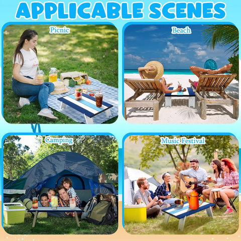 Foldable Beach Table For Picnics And Camping, Portable Aluminum Side Table With Carry Bag, Compact 16x11x5 Inches, Navy Striped Design