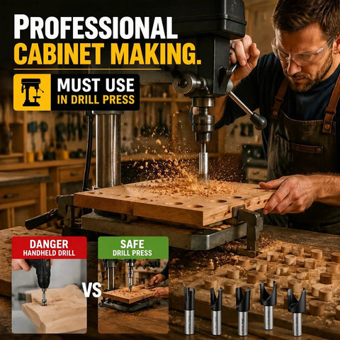 Kickass Carbide Tipped Wood Plug Cutters Set 5 Piece Collection With Protective Sleeves Covers 3/8 To 3/4 Inch Sizes in use on drill press.