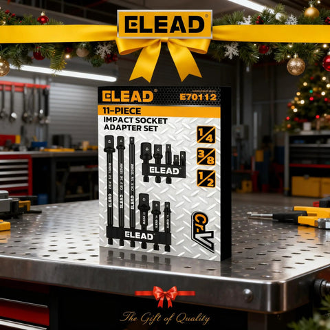 11-Piece Impact Socket Adapter Set With One Quarter, Three Eighth, And One Half Inch Drives displayed in festive workshop setting