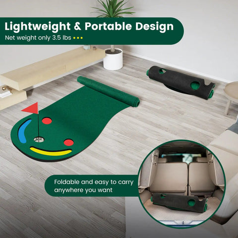 Par 3 Putting Green Mat 10 Foot By 3 Foot With 3 Cups Flag And Hole Covers For Indoor Outdoor Practice rolled and setup view