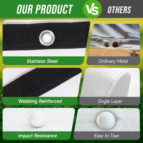 Comparison of Ultra Durable Golf Simulator Impact Screen features vs others, illustrating grommets, layers, and impact resistance.