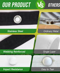 Comparison of Golf Simulator Impact Screen With 3D Air Mesh for Home, showcasing stainless steel grommets and reinforced webbing.