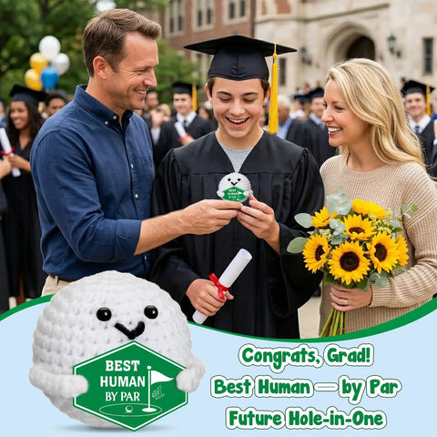 Crochet Golf Ball Accessories Gift Set For Men Funny Golf Themed Gift For Him held by graduate at ceremony.